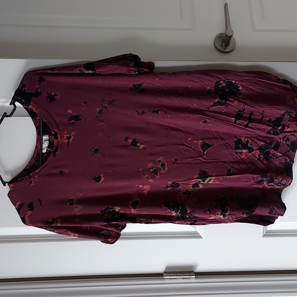 Moon & Sky medium short sleeve top maroon with black orange design throughout